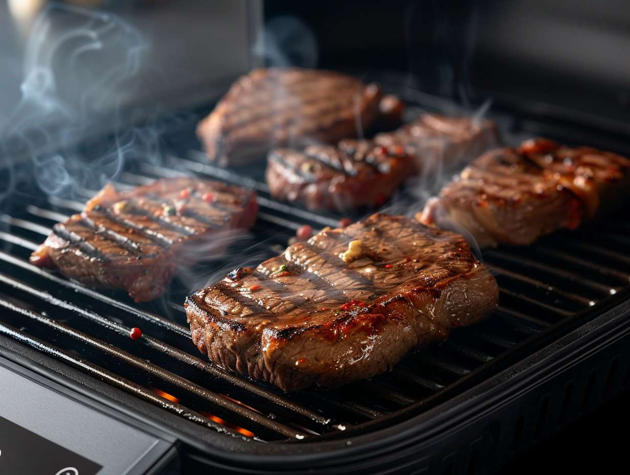 Juicy steaks beautifully seared with vibrant grill marks in a sizzling air fryer grill pan, evoking a mouthwatering aroma