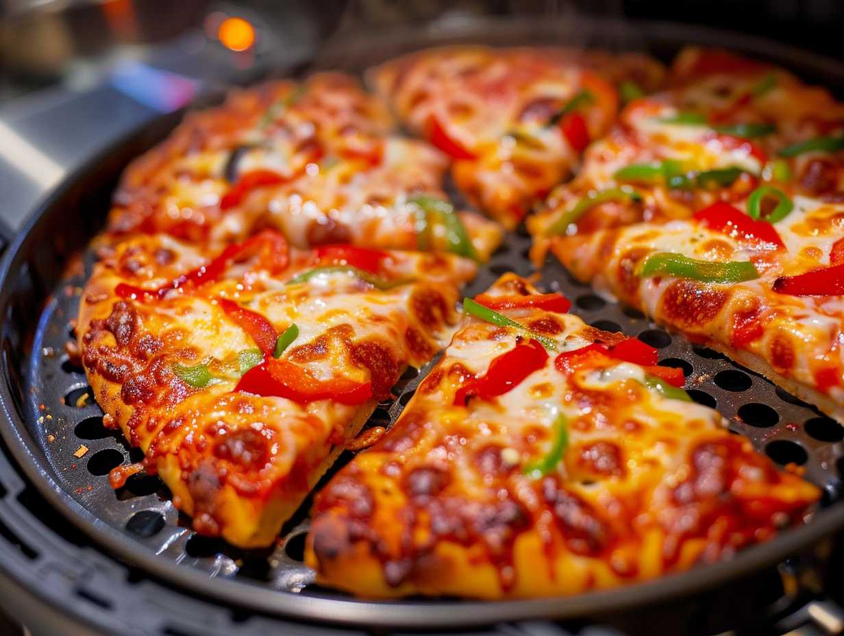 Sizzling hot air fryer pizza pan filled with perfectly golden, crispy crust pizza topped with bubbling cheese, vibrant tomato sauce, and a colorful assortment of fresh toppings.