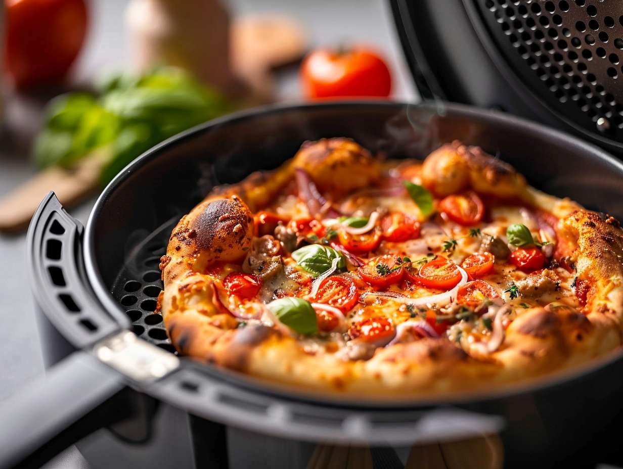 A perfectly cooked golden-crisp pizza emerging from an air fryer, showcasing the non-stick surface of the pan and mouthwatering toppings.