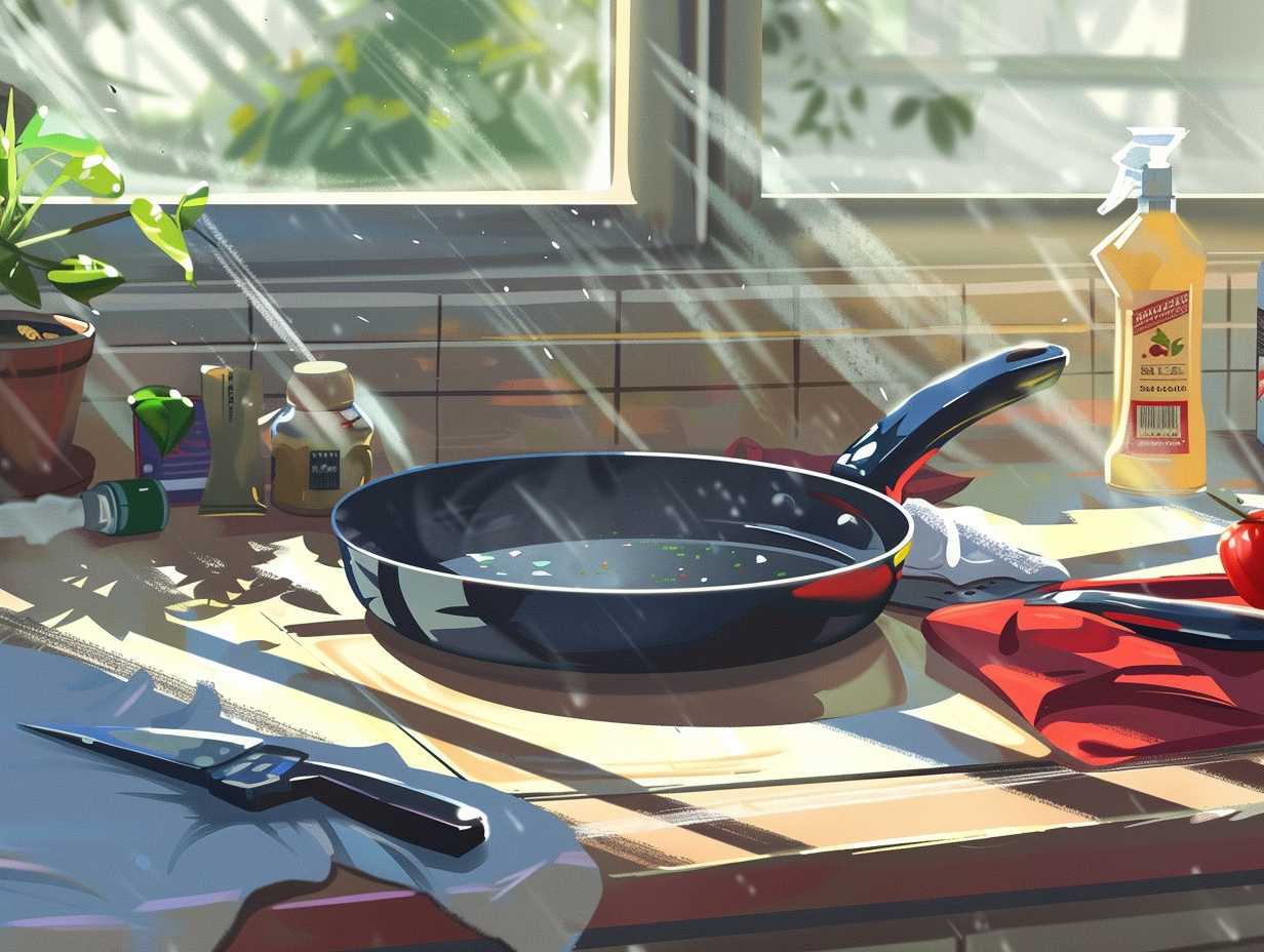 A sparkling clean air fryer pizza pan glistening with the reflections of a sunny kitchen window, surrounded by a rag, cleaning spray, and a small brush.