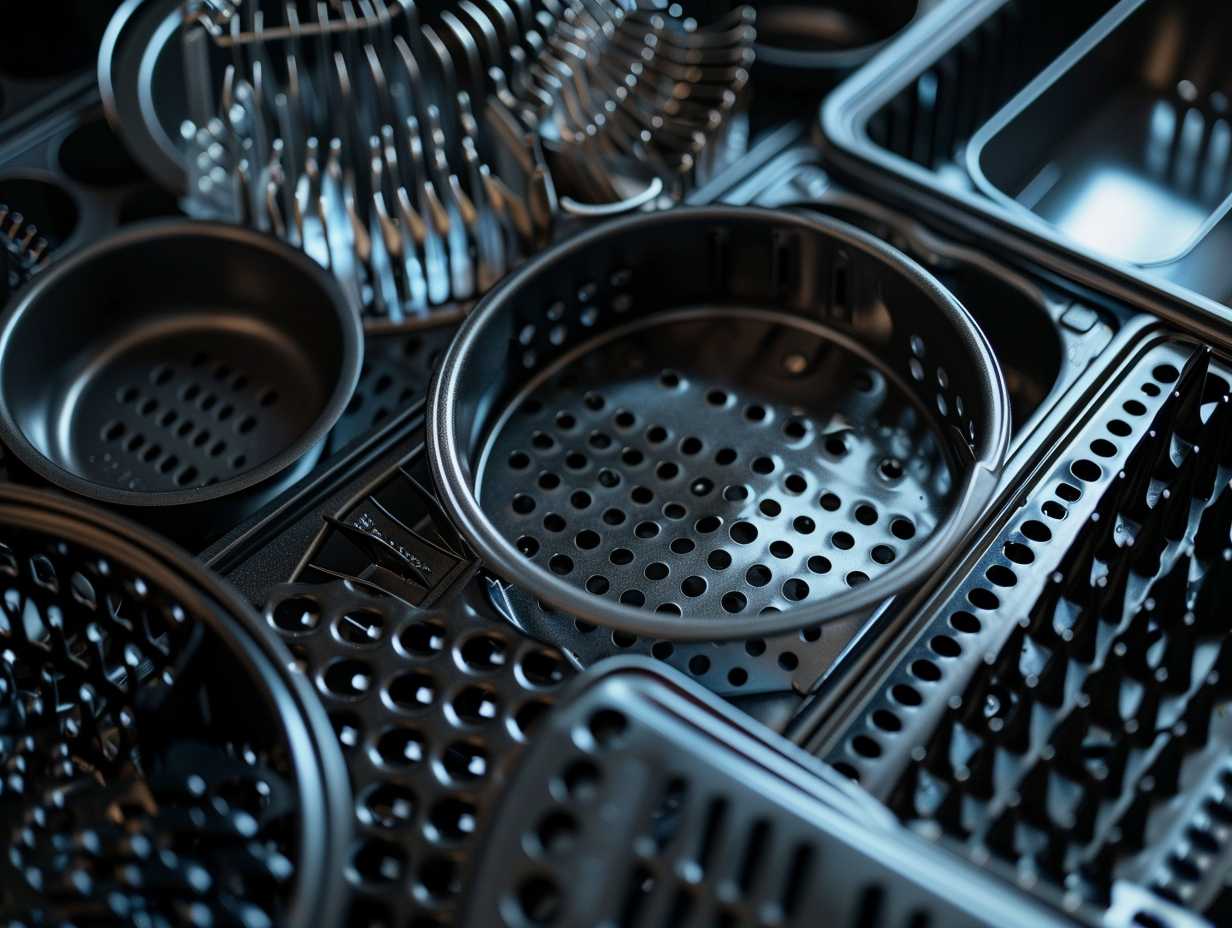 Close-up of a spotlessly clean air fryer basket and its neatly arranged removable parts, showcasing various cleaning and maintenance options.