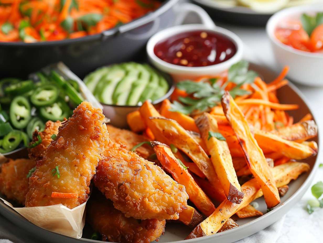 A variety of budget-friendly air fryer dishes including crispy chicken tenders, golden sweet potato fries, and crunchy vegetable spring rolls