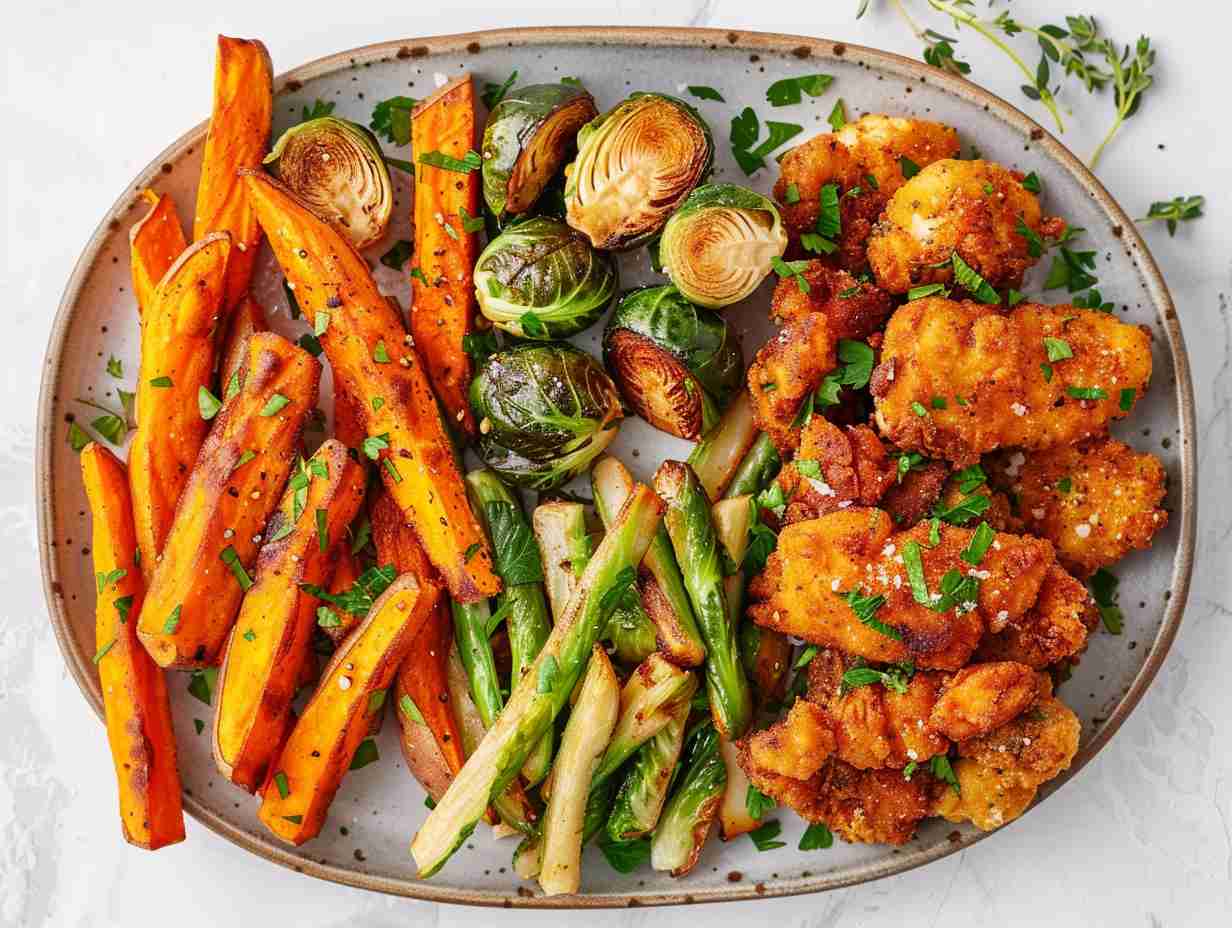 A vibrant platter of crispy sweet potato fries, golden chicken tenders, and perfectly roasted Brussels sprouts, showcasing budget-friendly air fryer meals.