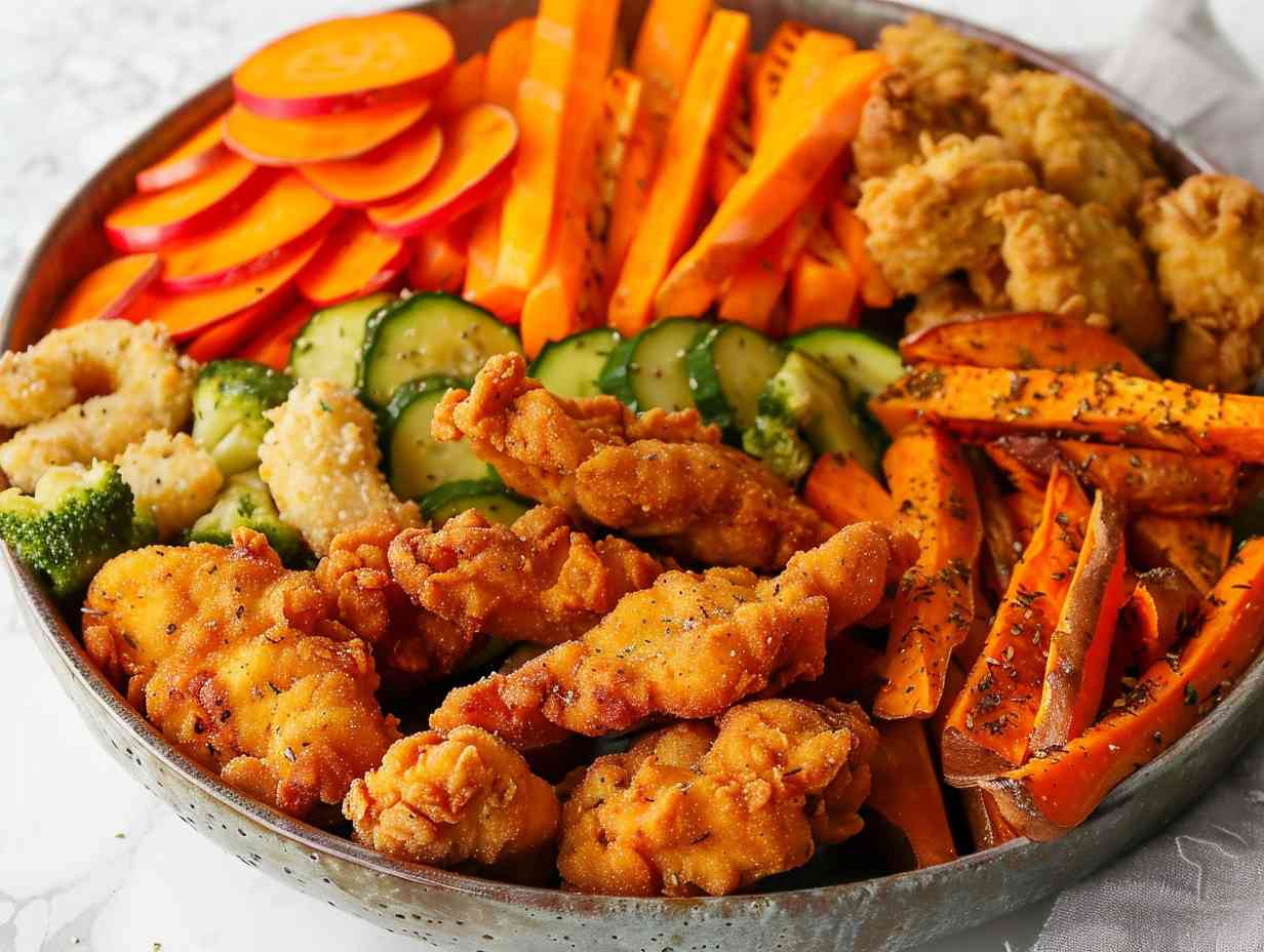 A vibrant platter of crispy air-fried veggies, golden brown chicken tenders, and crunchy homemade sweet potato fries.