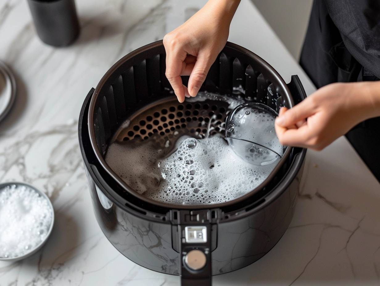 Step-by-step process of removing and cleaning the cooking basket of an air fryer