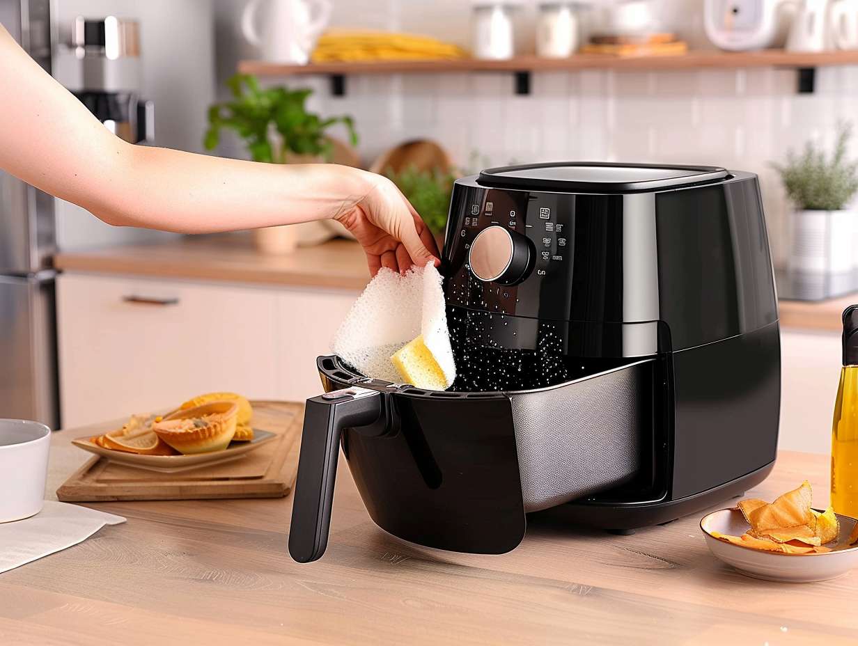Step-by-step process of cleaning an air fryer, including a sparkling clean basket, a sponge removing grease, and a hand wiping the exterior, against a backdrop of a pristine kitchen counter.