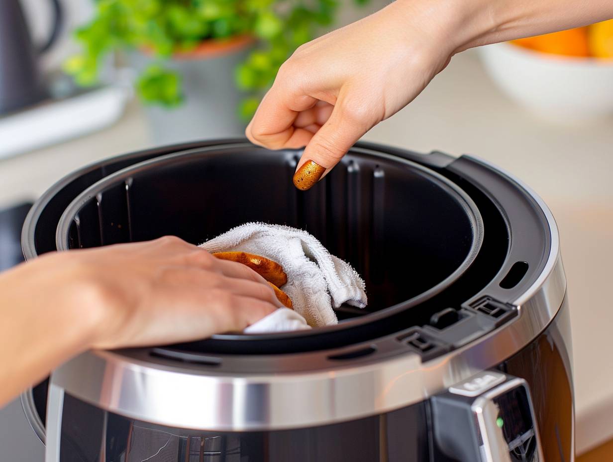 A sparkling air fryer being cleaned with a soft microfiber cloth and a small brush removing crumbs from the crevices.