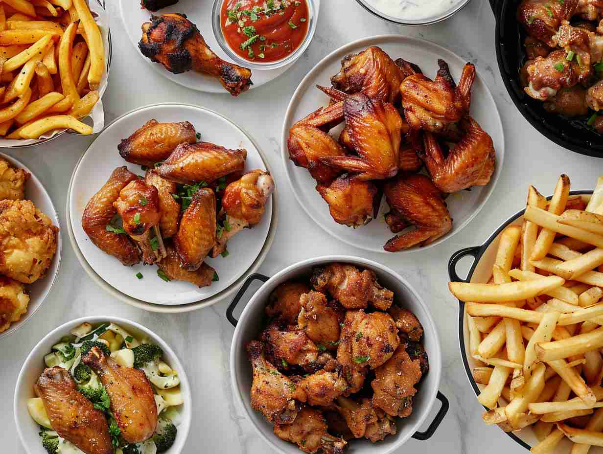 A variety of delectable dishes cooked in an air fryer, including crispy golden French fries, succulent chicken wings, and perfectly caramelized vegetables.