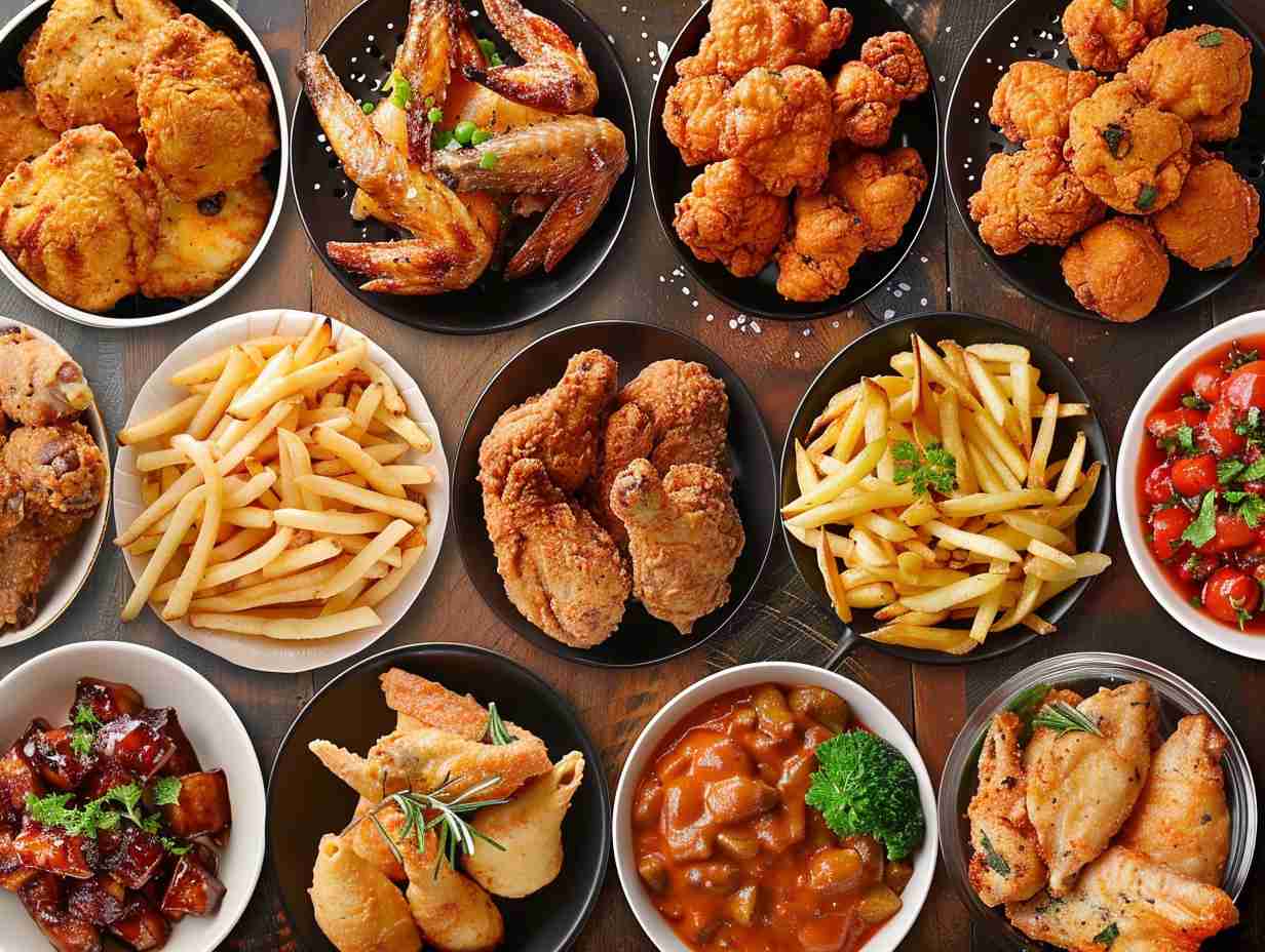 A vibrant array of delectable dishes expertly prepared using air fryers, including crispy french fries and succulent chicken wings.