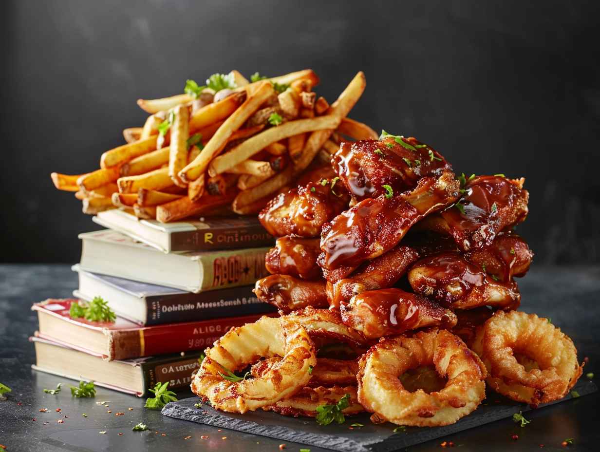 Stack of colorful recipe books with glossy covers featuring crispy fries, chicken wings, and onion rings