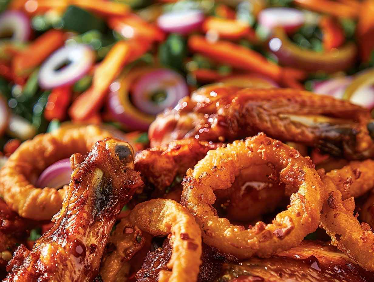 A vibrant array of golden-brown air-fried delights including crispy chicken wings, crunchy onion rings, and perfectly roasted vegetables.