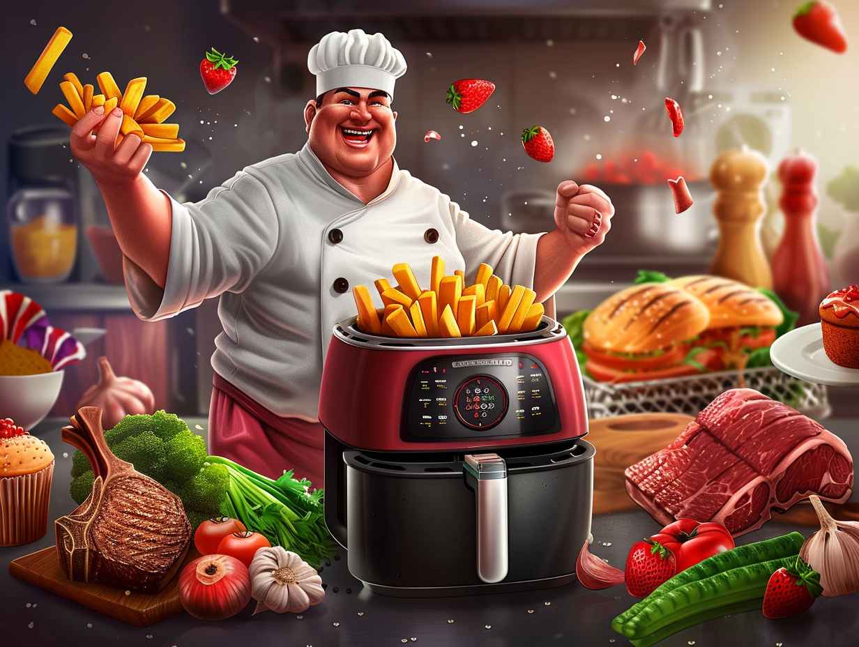 A confident chef skillfully using an air fryer to cook a variety of delicious dishes, surrounded by fresh ingredients.