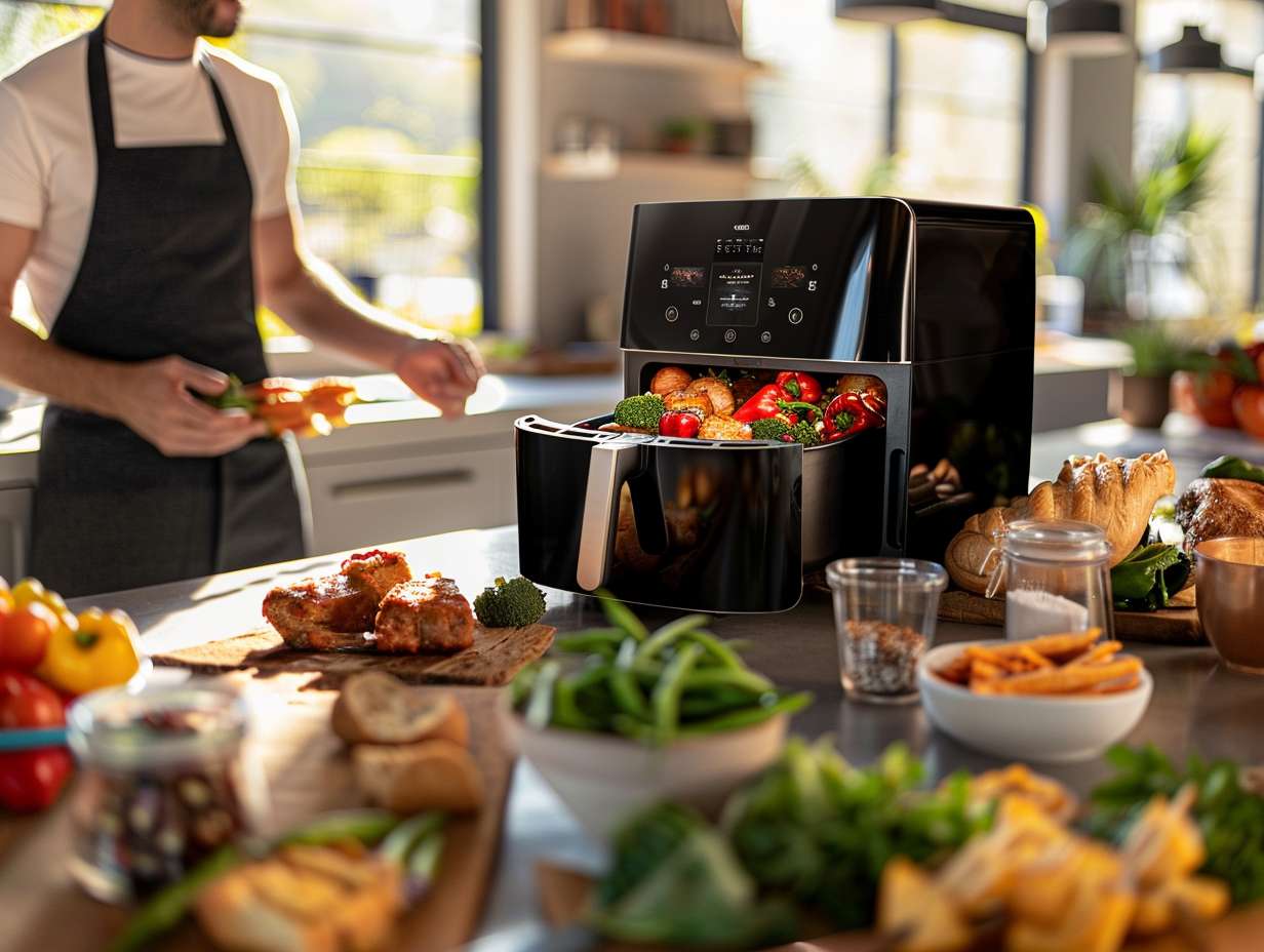 A professional chef demonstrating air fryer techniques in a vibrant kitchen scene with colorful vegetables, succulent meats, and golden crispy snacks on the countertop.