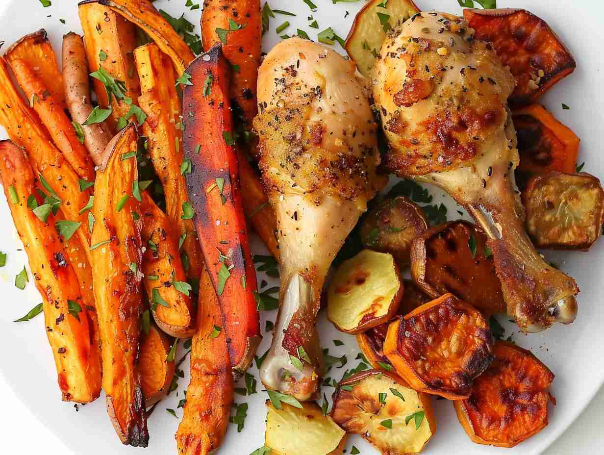 A delicious spread of golden-brown chicken drumstick, roasted vegetable medley, and sweet potato fries cooked to perfection in an air fryer.