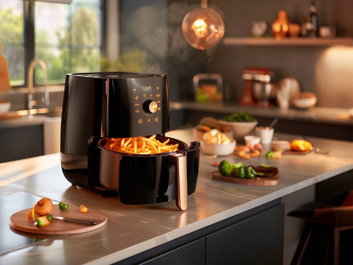 A sleek, modern kitchen countertop with a state-of-the-art air fryer in action, emitting a warm glow as it cooks crispy, golden fries.