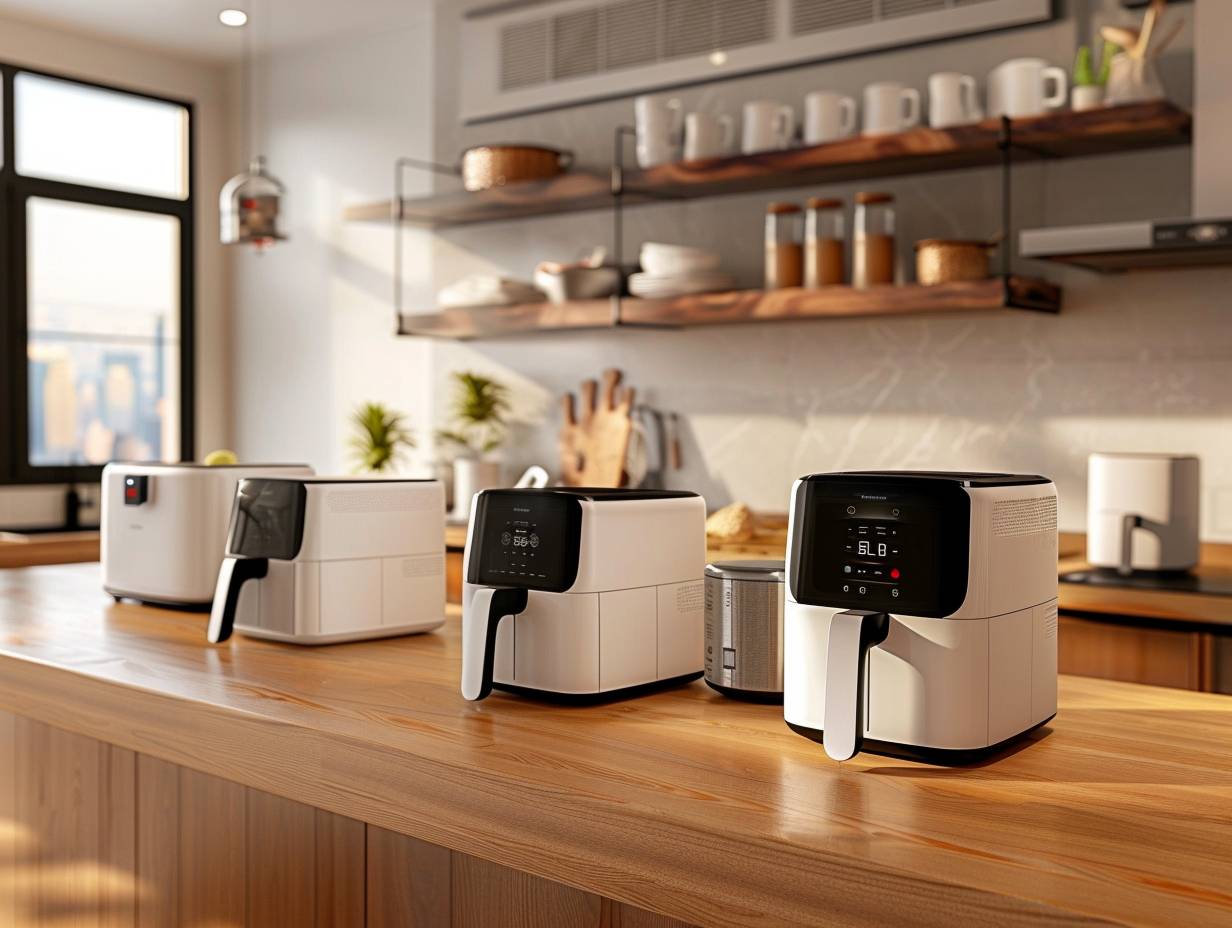 A modern kitchen countertop with a variety of sleek and stylish air fryer models, each displaying distinct features such as touch screens, adjustable temperature controls, and spacious cooking compartments.