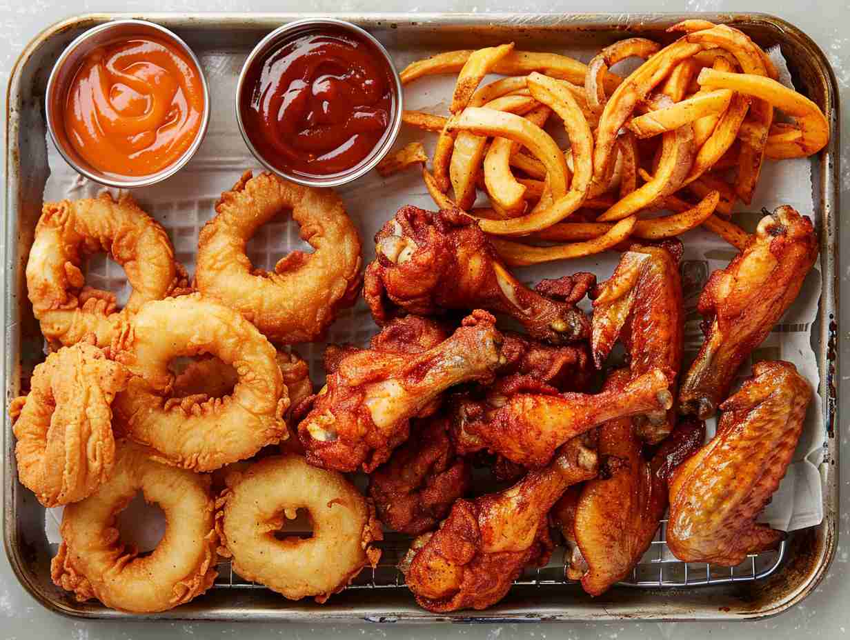 A platter of golden and crispy air-fried chicken wings, onion rings, and sweet potato fries