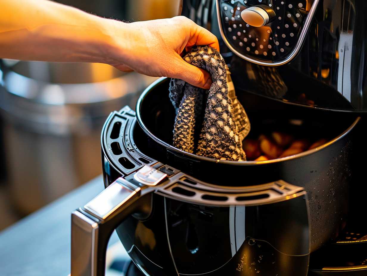 A spotless air fryer being meticulously cleaned with a soft cloth, showcasing the shiny interior, gleaming heating element, and sparkling basket.