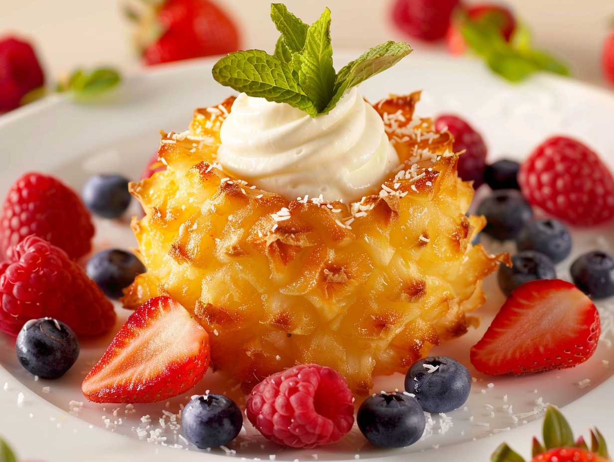 A golden-brown air-fried pineapple ring topped with a dollop of coconut cream, surrounded by a colorful medley of air-fried strawberries, blueberries, and raspberries.