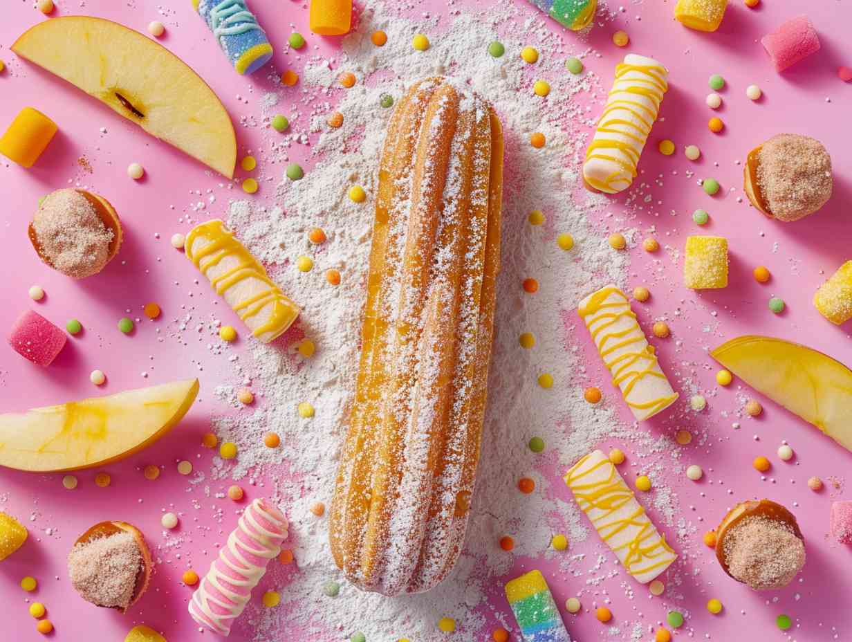 A golden-brown churro emerging from an air fryer, surrounded by caramel-dipped apple slices, cinnamon-dusted donuts, and smores-inspired air-fried marshmallows.