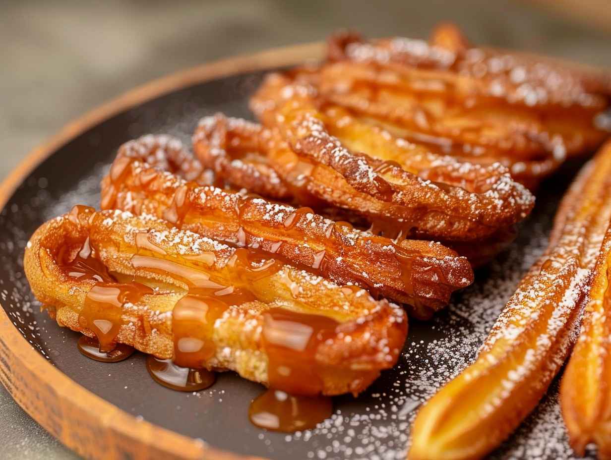 A golden-brown apple fritter and churros prepared in an air fryer, glistening with caramel glaze and powdered sugar.