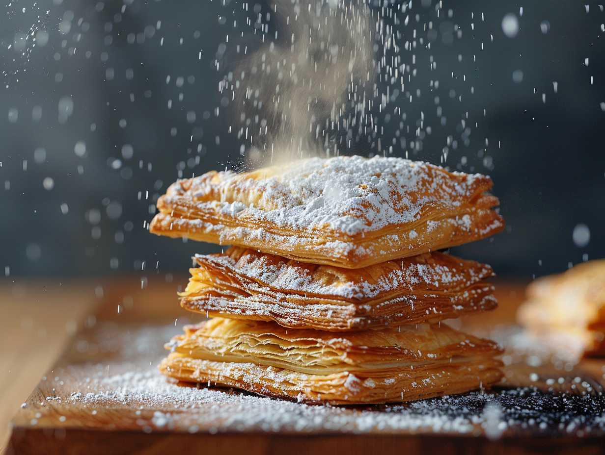 A stack of golden-brown, flaky pastries emerging from a sizzling air fryer, dusted with powdered sugar