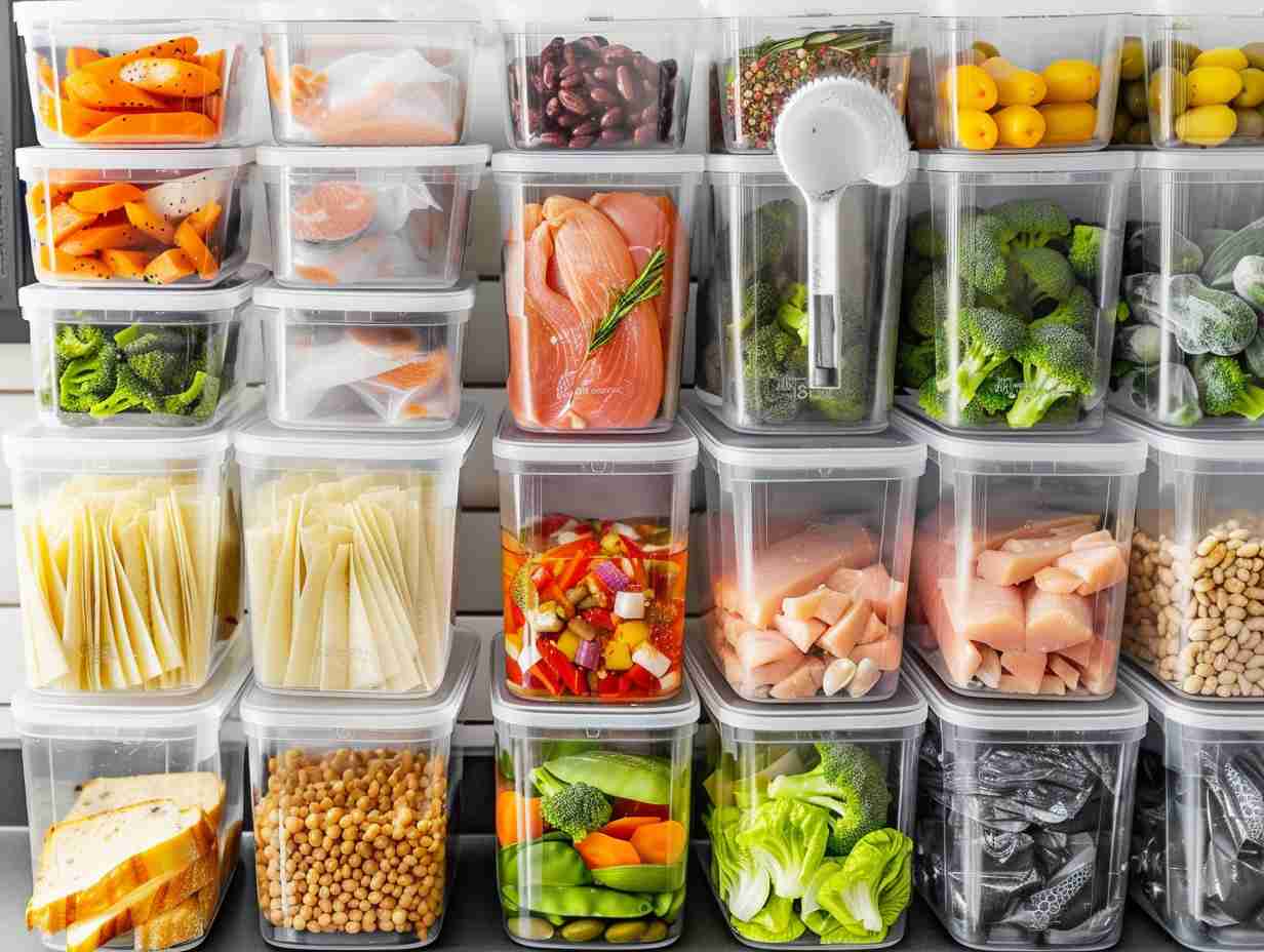 Neatly arranged air fryer foods stored in airtight containers with labeled compartments for different food types, including vacuum-sealed bags, ziplock bags, and stackable containers.