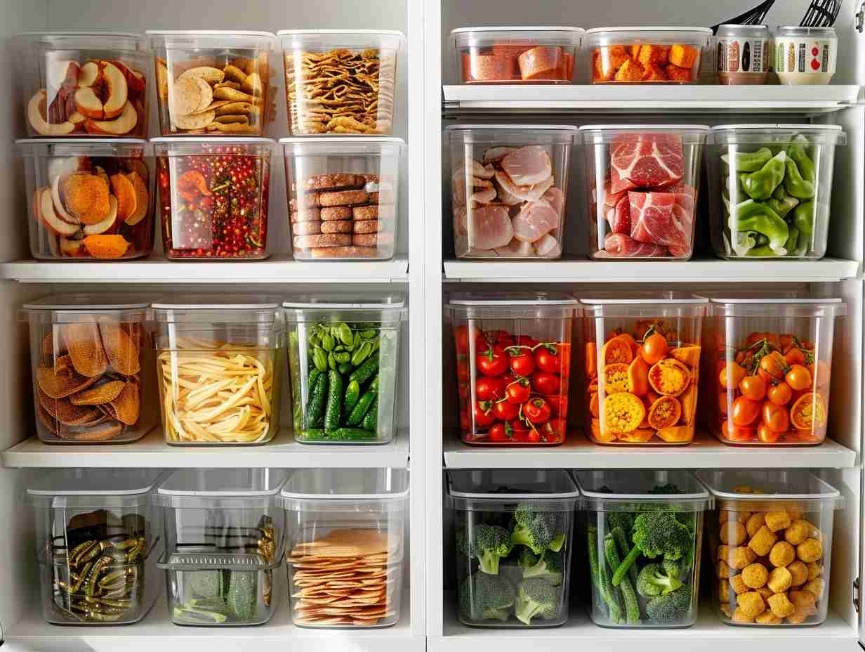 A neatly organized pantry shelf filled with labeled airtight containers of crispy air-fried snacks, colorful vegetables, and marinated meats.