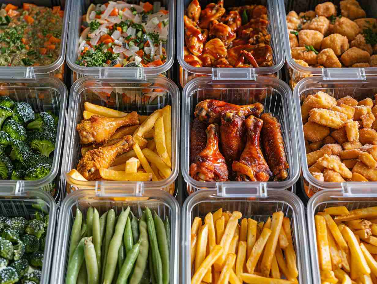 Neatly organized freezer with labeled containers filled with a variety of frozen air fryer meals, including vegetables, chicken wings, and crispy fries.