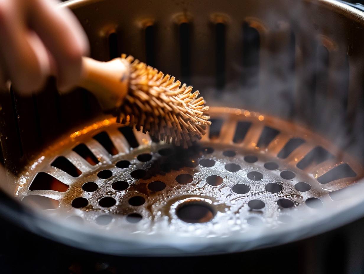 Hand using a cleaning brush to scrub the gleaming air fryer basket