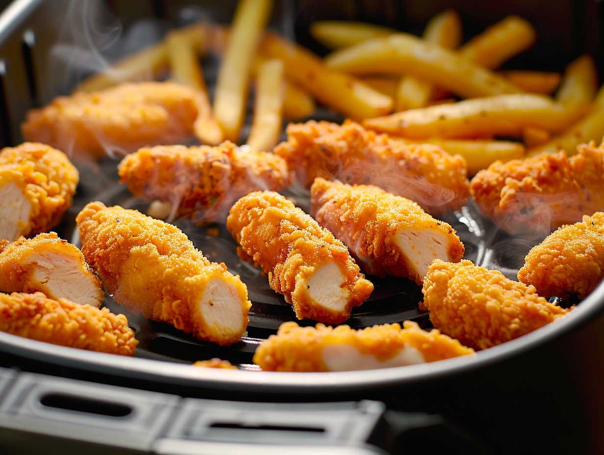 Golden-brown crispy chicken tenders, fries, and mozzarella sticks emerging from an air fryer with steam escaping