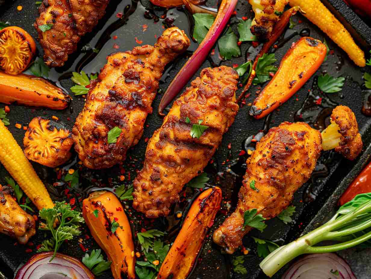 A golden-brown, crispy batch of air-fried frozen chicken tenders surrounded by a colorful assortment of perfectly cooked air-fried frozen vegetables.