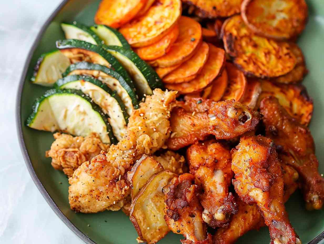 Assortment of golden-brown, crispy dishes like zucchini fries, chicken wings, and sweet potato chips emerging from an air fryer onto a vibrant green plate.