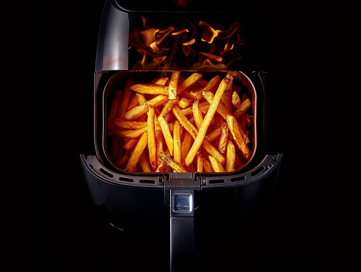 Golden crispy fries emerging from an air fryer, perfectly cooked with minimal oil, showcasing a healthier fried indulgence.