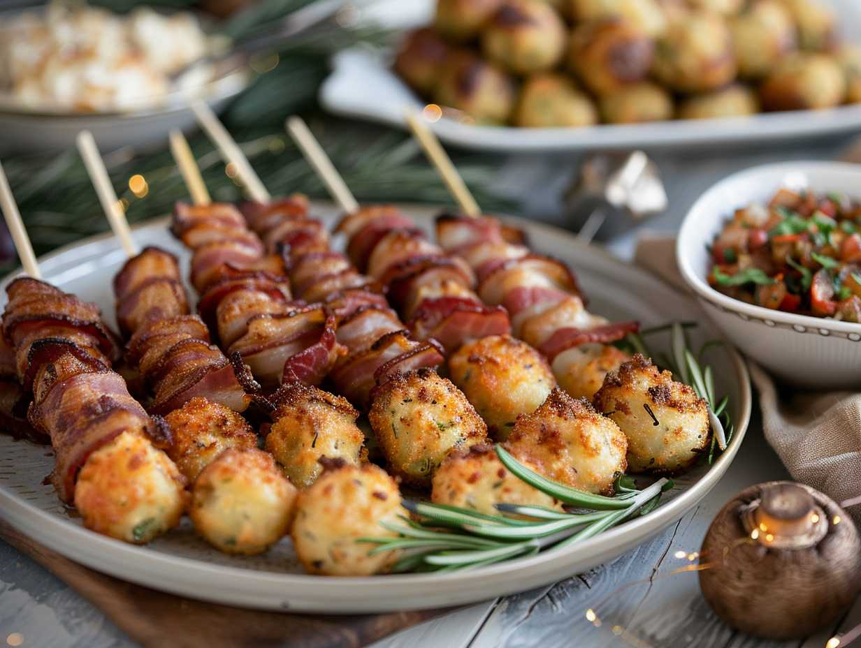 A platter of mouthwatering air-fried appetizers including bacon-wrapped jalapeño poppers, potato croquettes, and stuffed mushrooms, garnished with a sprinkle of rosemary.