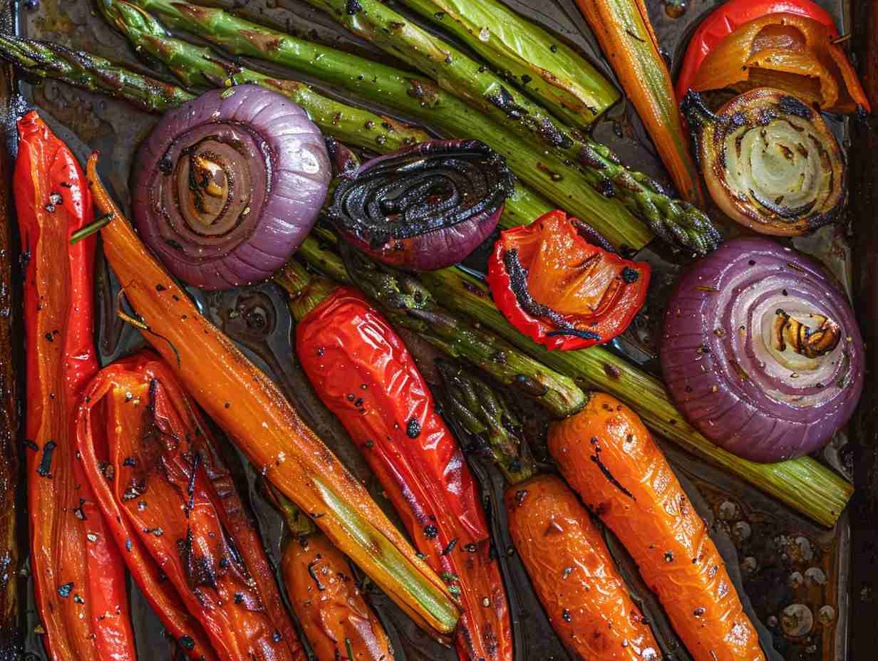 A colorful medley of perfectly golden and crispy air-fried vegetables including green asparagus, roasted red peppers, caramelized onions, and tender baby carrots, glistening with a hint of olive oil.
