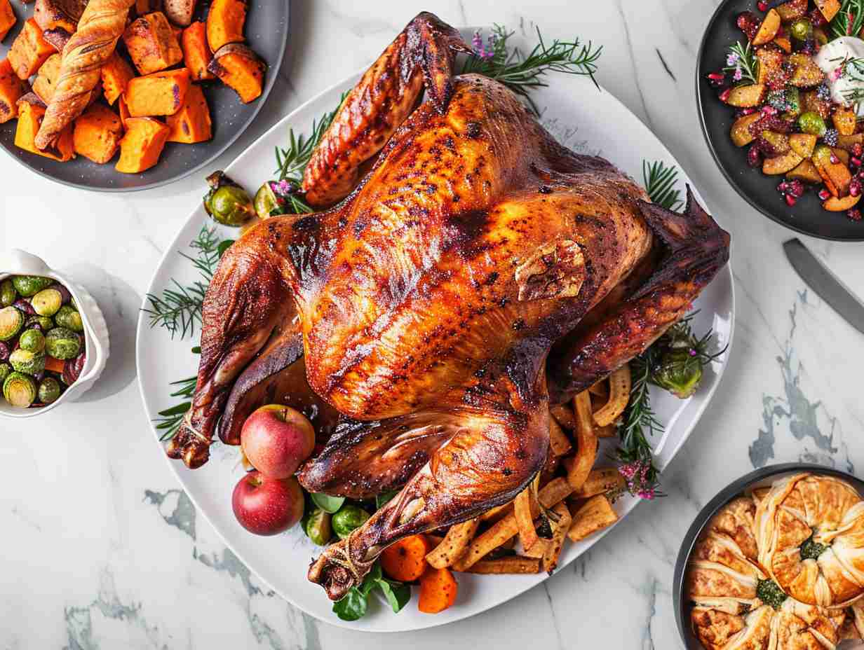 A golden-brown Thanksgiving turkey with crispy skin surrounded by sweet potato fries, brussels sprouts, and apple turnovers.