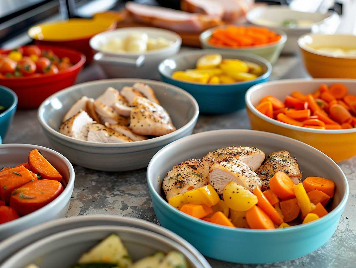 Neatly arranged kitchen countertop with colorful bowls filled with prepped ingredients for air-frying.