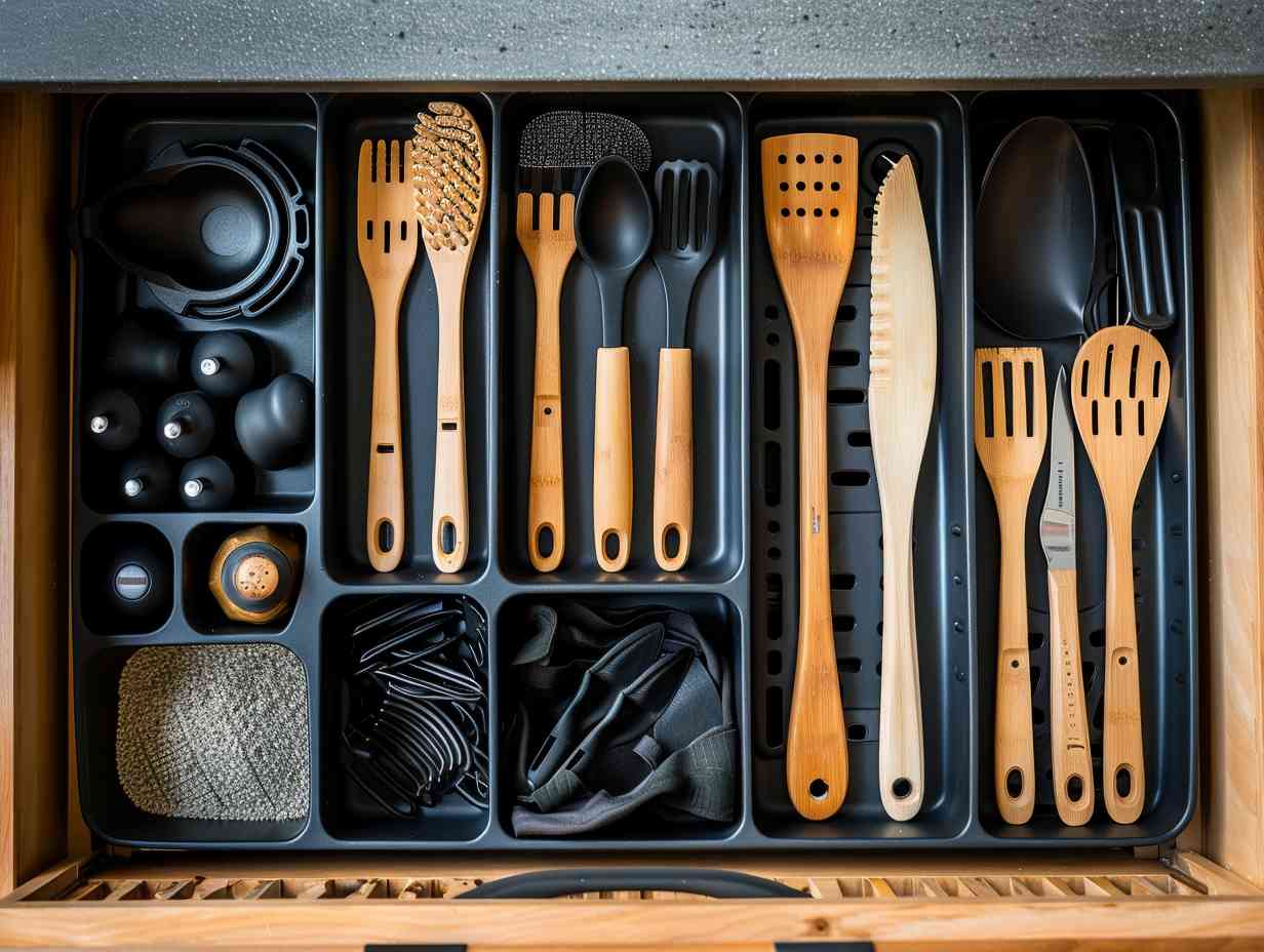 Neatly arranged kitchen drawer with labeled dividers holding air fryer utensils such as tongs, silicone brushes, and spatulas.