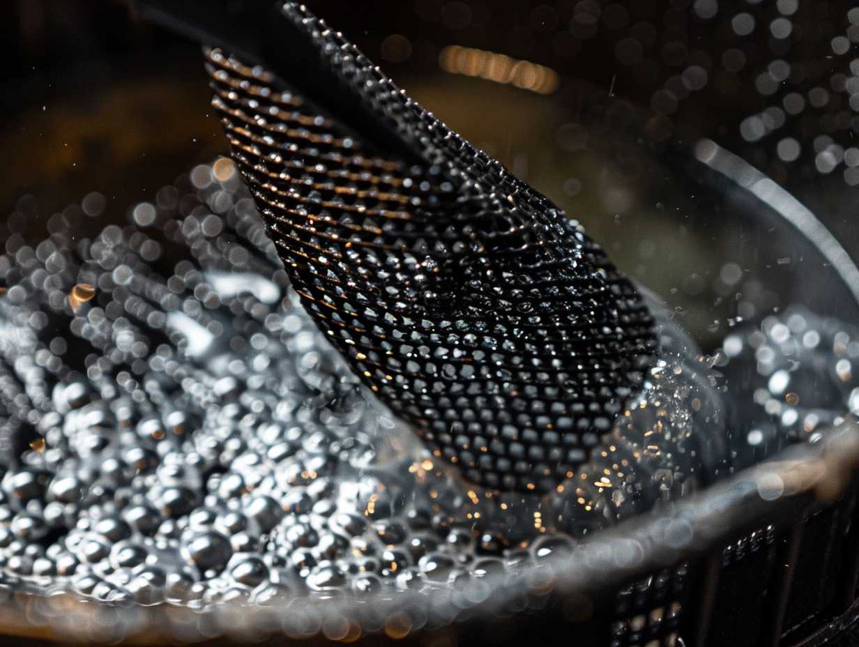 Close-up view of a person using a soft brush to meticulously clean an air fryer basket, removing crumbs and residue.