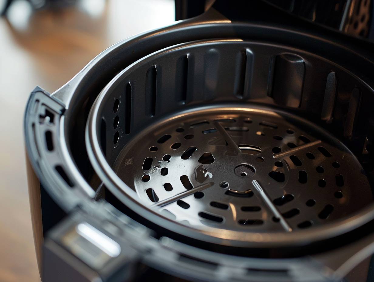 Close-up view of air fryer basket, drip tray, and grill being meticulously cleaned for optimal performance.