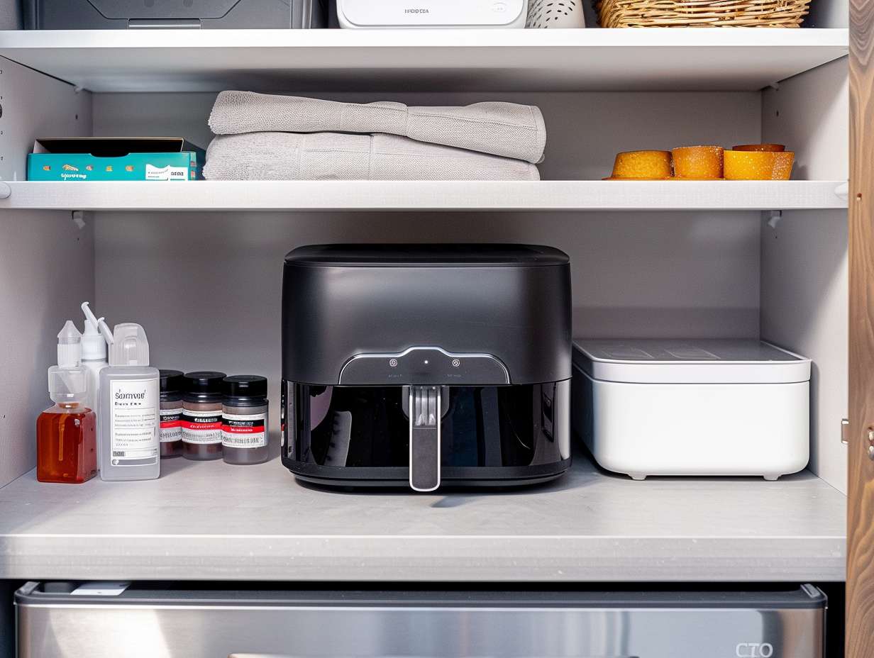 Neatly organized kitchen cabinet with air fryer and cleaning supplies