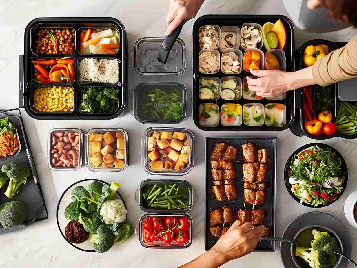 A busy individual effortlessly assembles a weeks worth of healthy meals using an air fryer, surrounded by neatly organized containers filled with colorful vegetables, protein-rich foods, and perfectly crispy air-fried dishes.