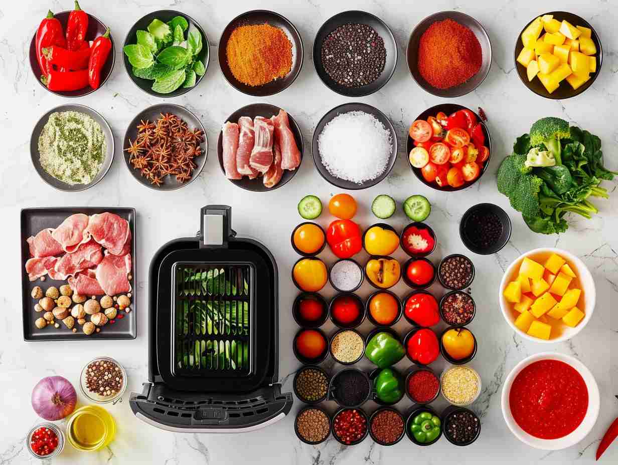 Neatly organized kitchen countertop with colorful vegetables, marinated proteins, and spices next to an air fryer.