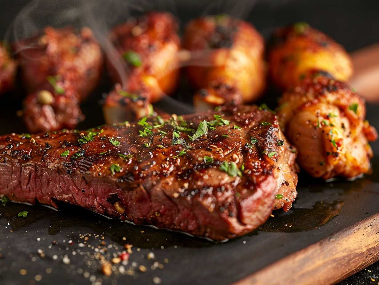 Succulent air-fried steak and golden-brown chicken drumsticks glistening with a crispy exterior, inviting readers to explore the Air Fryer Meat Cooking Guide.