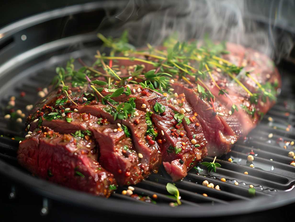 Succulent marinated steak being air fried to perfection with vibrant spices and herbs glistening on the meat, wisps of smoke, and a golden crust evoking a tantalizing aroma.