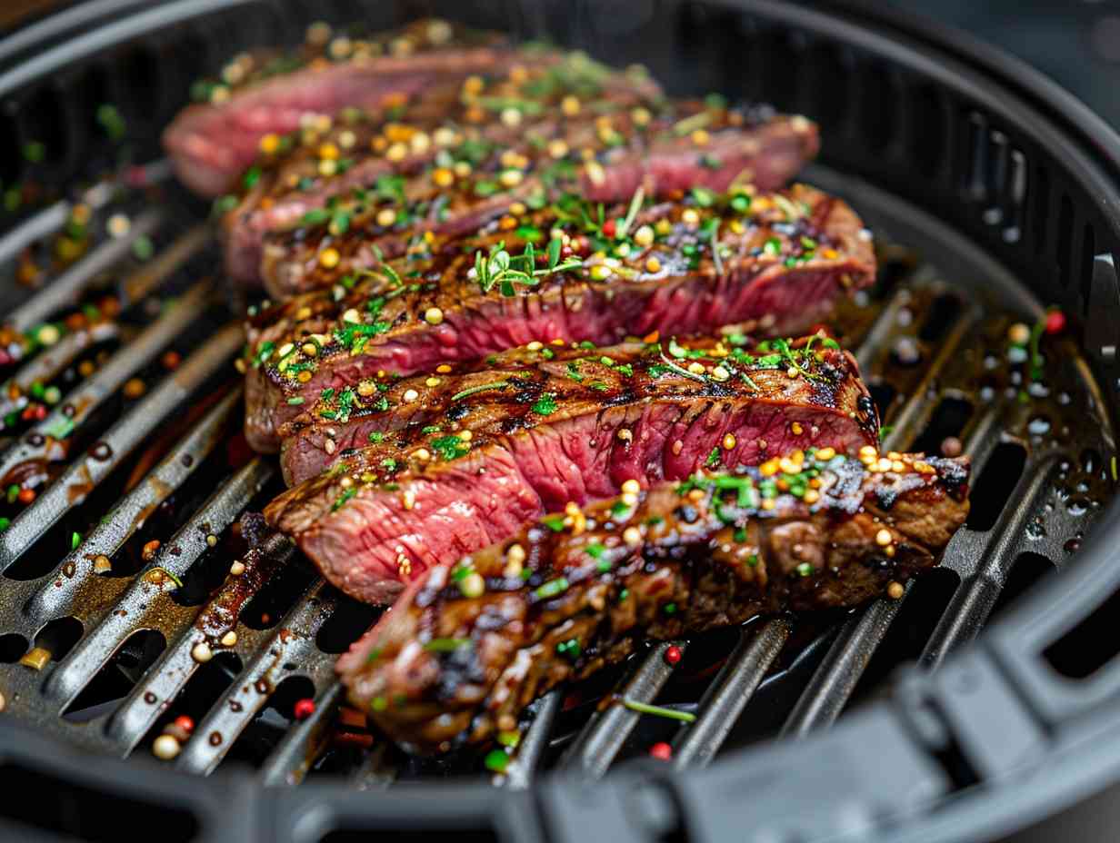 Succulent steak sizzling in an air fryer with golden-brown sear marks, surrounded by aromatic herbs and spices