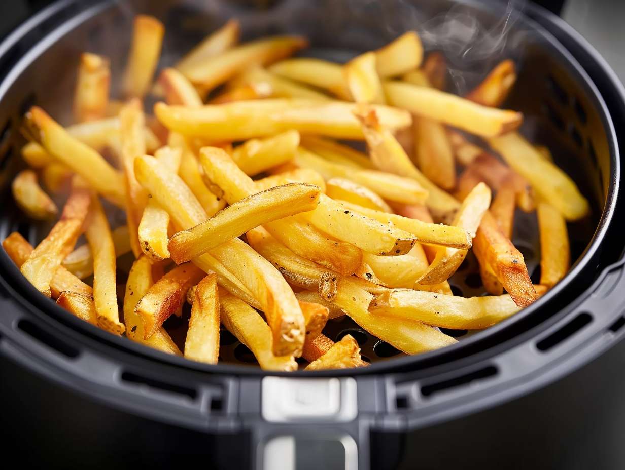 A golden, crispy fries being cooked in an air fryer with zero oil, showcasing a healthier alternative.