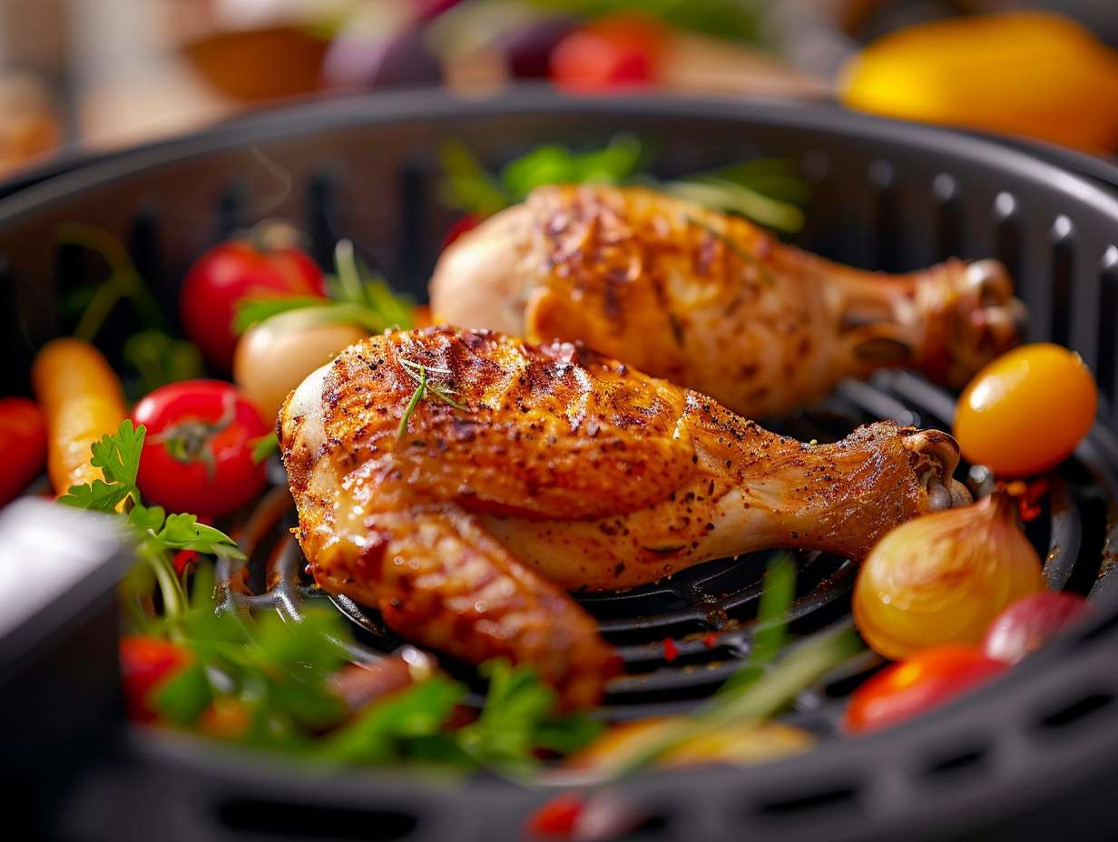 A sizzling golden chicken drumstick being cooked in an air fryer, surrounded by vibrant vegetables.