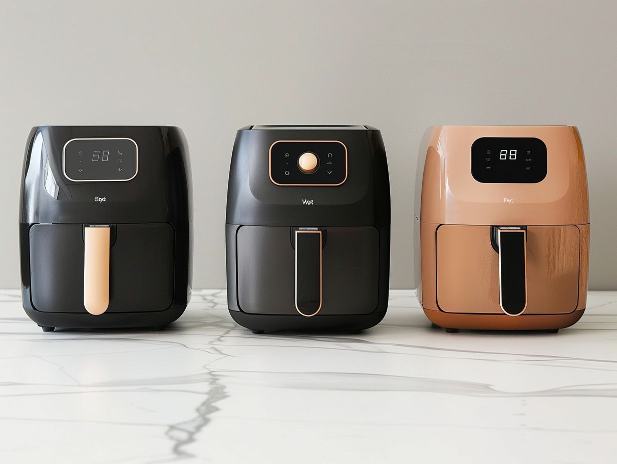 Three different air fryer models side by side, each with a labeled power consumption display, showcasing their unique designs, sizes, and wattage usage for comparison.